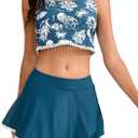 ZAFUL Women's Tankini Swimsuit Two Piece Tummy Control Tassels Bathing Suit Swimwear with Flowy Skirt (Blue, L)