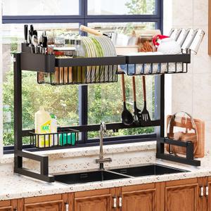 Over Sink Dish Drying Rack (Expandable Height/Length) Snap-On Design Large Dish Drainer Storage Counter Organizer 24" - 35.5"(L) x 12"(W) x 19" - 22"(H)