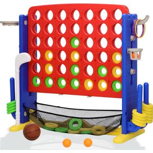 Giant 4-in-A Row Connect Game Set, Height Adjust Jumbo Yard Game for Kids & Adults w/Mesh Catching Bag, Basketball Hoop, Ring Toss & Mini Golf, Family Party 4-to-Score Indoor/Outdoor Games