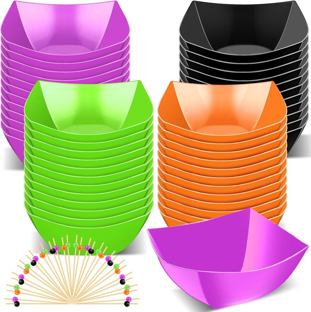 100 Pcs 100 Pcs Christmas Square Plastic Serving Bowl with Food Pick Disposable Snack Salad Buffet Bowl Party Candy Chip Fruit Dishes Bar Containers for Christmas New Year (8 oz,Colorful)