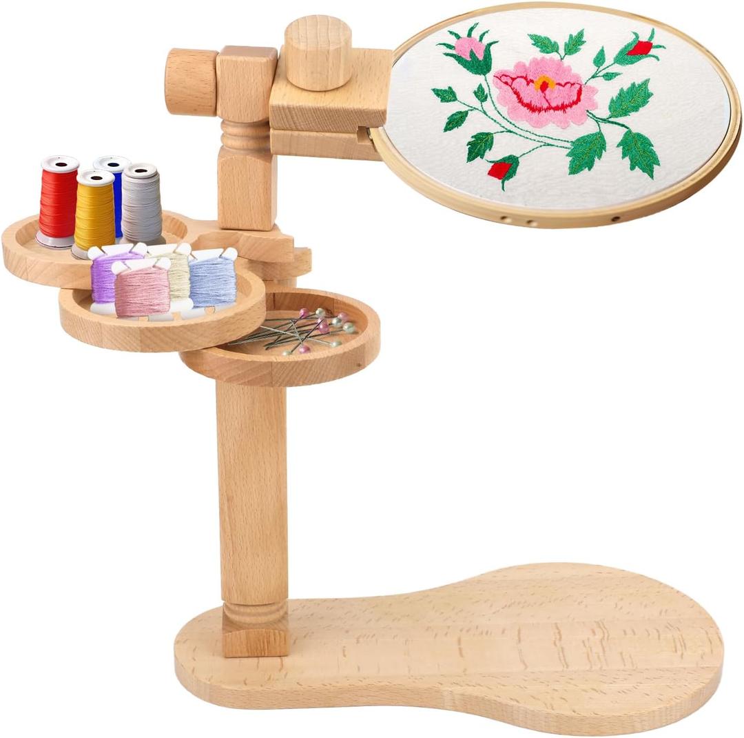 Embroidery Hoop Stand, Rotated Wooden Embroidery Holder Adjustable Rotatable Cross Stitch Stand for Embroidery Sewing Needlework Projects (Embroidery Hoop Not Included)