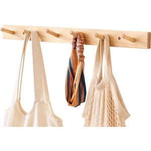 Wall Mounted Coat Rack 24 inches, Hickory Wood Wall Coat Hooks with 6 Hooks, Wooden Coat Hanger for Hanging Clothes Robes Towels Hats, Natural