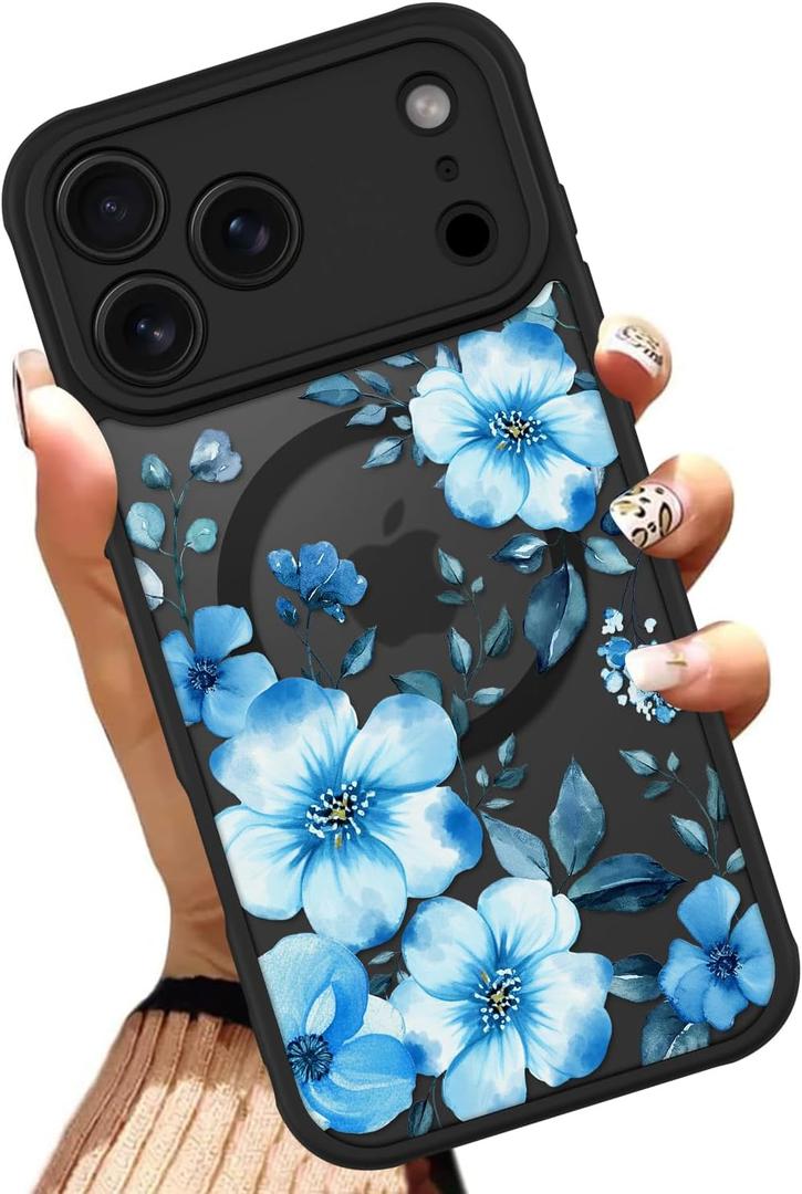 OOK Magnetic Case Fit for iPhone 17 Pro 6.3 Inch (Compatible with MagSafe) Soft TPU and Hard PC Phone Cover with Blue Floral Flowers Anti-Scratch Shockproof Protection Case for Women