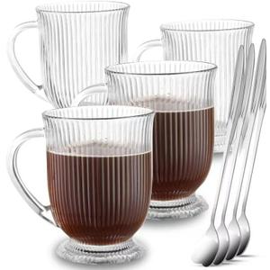 Large Ribbed Glass Coffee Mugs Set of 4,16 Oz Clear Espresso Mugs with Spoon, Glass Diner Cups with Handle Diner Latte Cup with Footed Base for Hot Beverages, Cappuccino Cups, Stylish Drinkware