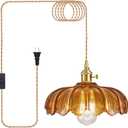 Plug in Pendant Light, Hanging Lights with Plug in Cord, Hanging Light Fixture with Amber Color Glass, E26 Pendant Lighting for Kitchen Island, Bedroom, Dining Room-Browm (Brown)