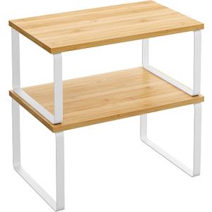 SONGMICS Cabinet Organizer Shelf, Set of 2 Kitchen Counter Shelves, Kitchen Storage, Spice Rack, Stackable, Expandable, Metal and Engineered Wood, Cloud White and Natural Beige UKCS02NW