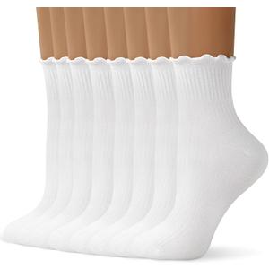 Womens Ruffle Ankle Socks Cute Lettuce Edge Crew Socks for Women (5-10, 8 Pairs - 8 White)