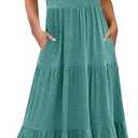 HOSIKA Girls Summer Casual Ruffle Short Sleeve Crewneck Aline Flowy Tiered Beach Maxi Sundress with Pockets for 13-13Y