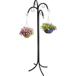 4 Way Scroll Basket Hanger Plant Hook, Black Shepherds Hook for Outdoor Heavy Duty, Garden Hanging Plant Stand for Hanging Baskets for Outdoor & Indoor Use, 72 Inch