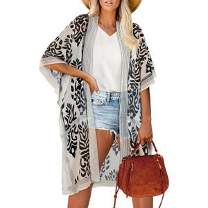 Women's Kimono Beach Cover up for Summer Bathing Suits Cardigans Casual Loose Swimwear (X-Large, Black White)