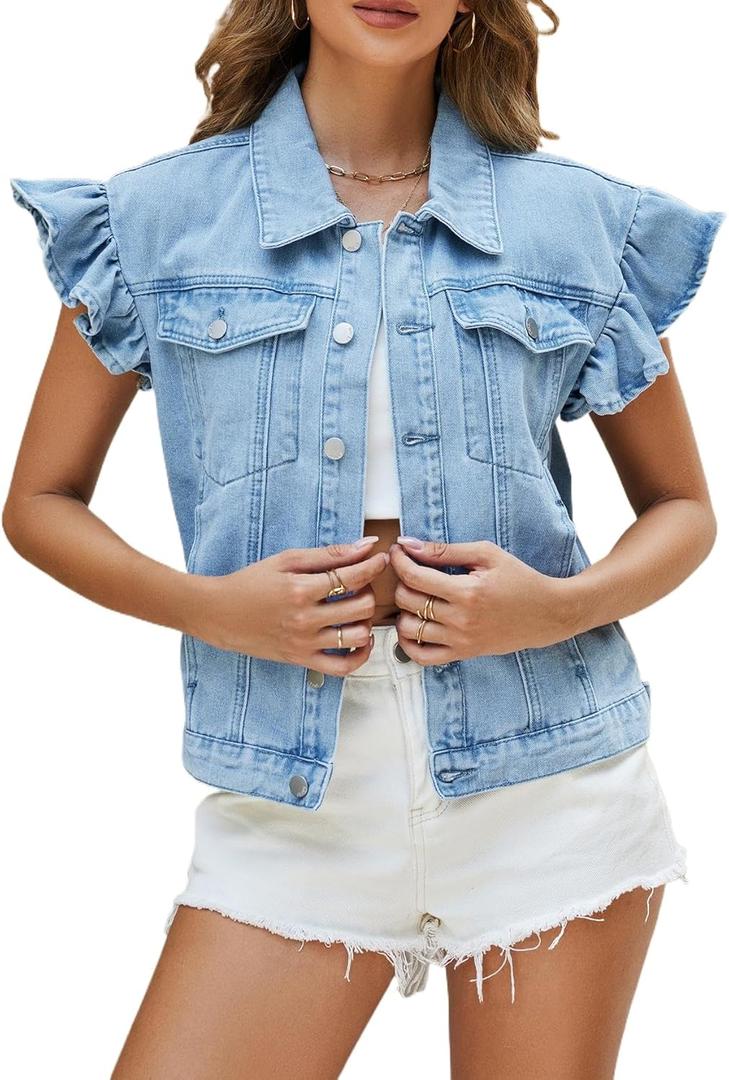 Ladyful Womens Denim Vest Top Ruffle Cap Sleeve Jean Vest Button Down Sleeveless Denim Jacket (XX-Large, Light Blue)