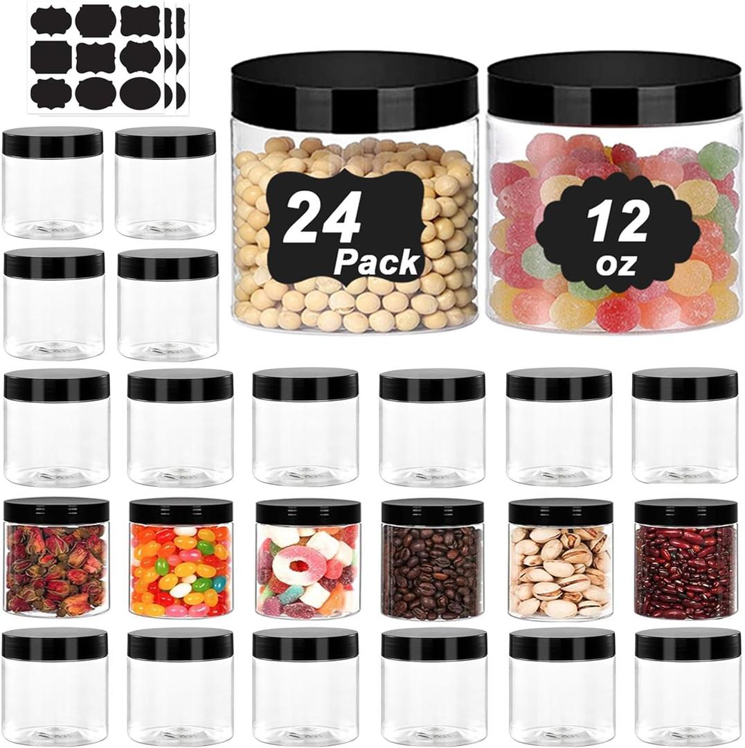 24 Pack Plastic Jars With Lids 12 OZ PET Plastic Jar Round Slime Storage Jars Wide Opening Clear Empty Plastic Jar with Screw On Lids For Dry Food Kitchen Craft Storage