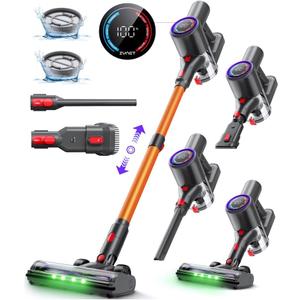 Cordless Vacuum Cleaner, 500W/45KPA/40Mins Lightweight Stick Vacuum for Home, LED Display and Green Headlights, 6-Stages Filtration, Self-Standing Vacuum for Hard Floor, Carpet (Yellow)