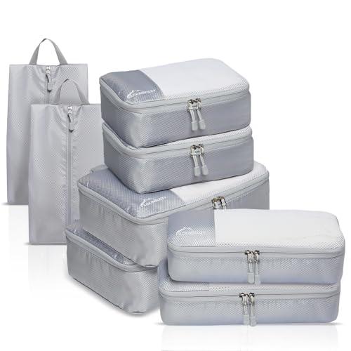 Packing Cubes for Travel, 8 Set Packing Organizers with Zipper Pulls and Mesh Top Panel - Light-weight Travel Cubes for Carry On and Suitcases, Light Gray