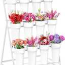 Asee'm Flower Display Stand with Buckets, 3 Layer Metal Flower Bar Stand, Heavy Duty Flowers Cart Display with Wheels Moving Plant Bouquet Shelf for Indoor Outdoor Patio Decor Terrace Wedding White