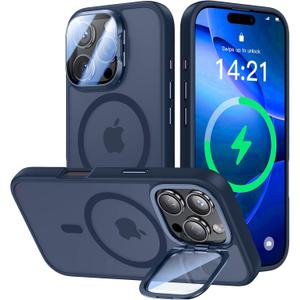 [Upgraded] for iPhone 16 Pro Max Case with Camera Cover Stand [Fit for MagSafe][9H Camera Lens Protector] Mil-Grade Protection Translucent Magnetic iPhone 16 Pro Max Phone Case, Blue
