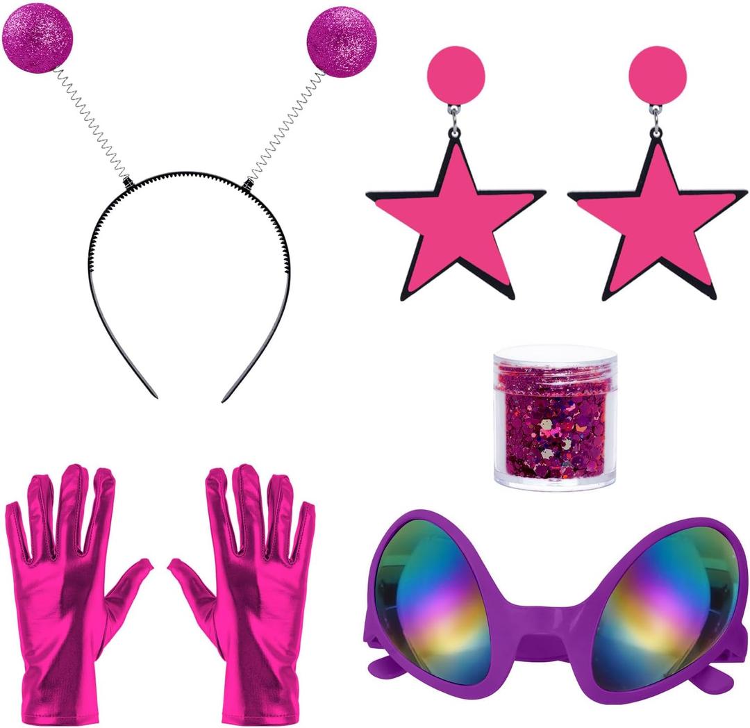 5 Pcs Alien Costume with Antenna Headband Glasses Silver Gloves Earring Face Glitter for Space Halloween Costume