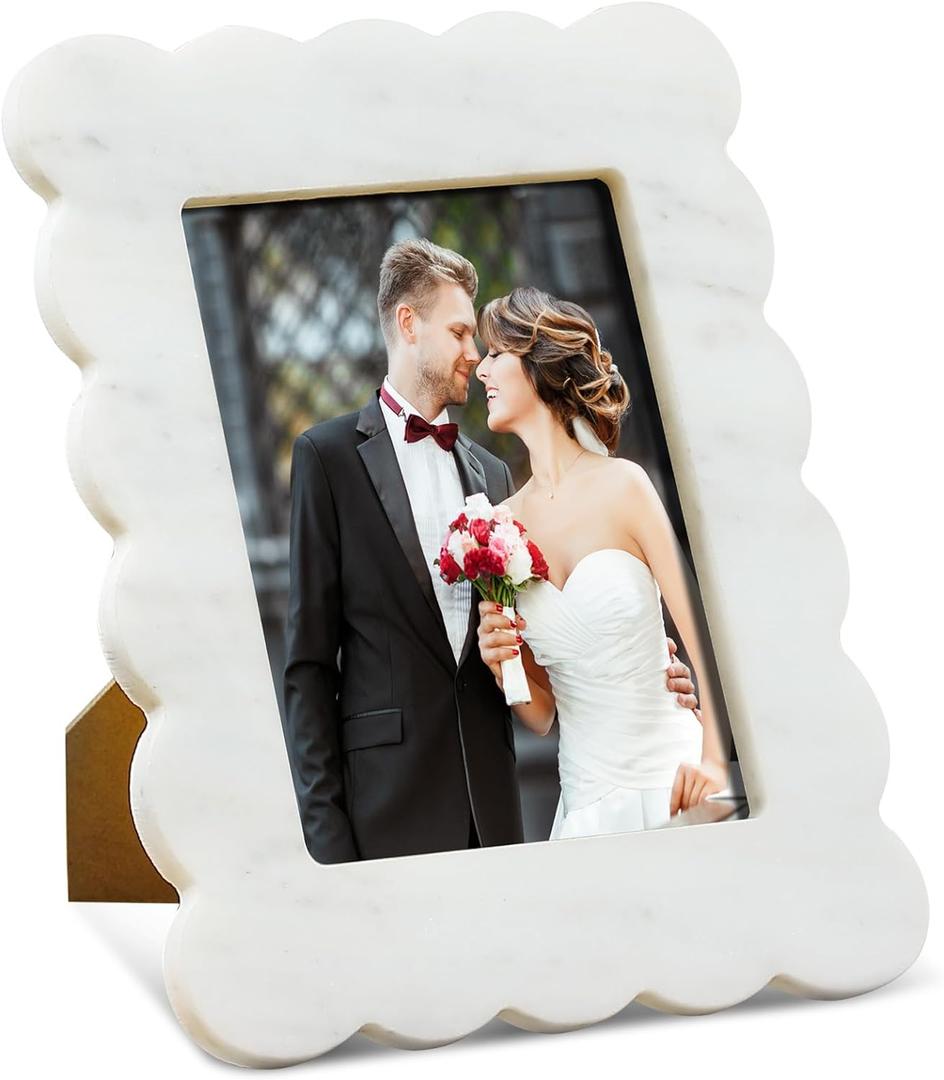 Yalikop Scalloped Marble Picture Frame Display Photos Tabletop Display White Frame Home Picture with Acrylic Transparent Board Decor for Bookshelf Table Home(5 x 7 Inches)