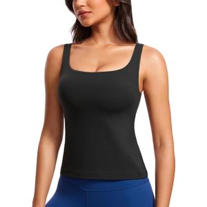 CRZ YOGA Butterluxe U Neck Tank Tops for Women - Padded Athletic Workout Camisole Crop Tops with Built in Bra Black Medium