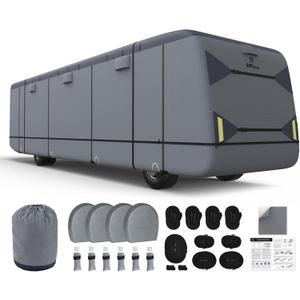 RVMasking Class A RV Cover, 34'1"-38' Heavy Duty 7 Layers Top Class A Motorhome Cover with 4 Tire Covers, Windproof Rip-Stop Anti-UV Camper Cover, Dark Gray