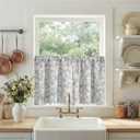 jinchan Floral Kitchen Curtains for Windows 24 Inch Linen Lined Tier Farmhouse Cafe Curtains Country Botanic Small Window Rod Pocket Rustic Flax for Laundry Bathroom RV 2 Panels Blue on Beige, 25"W x 24"L