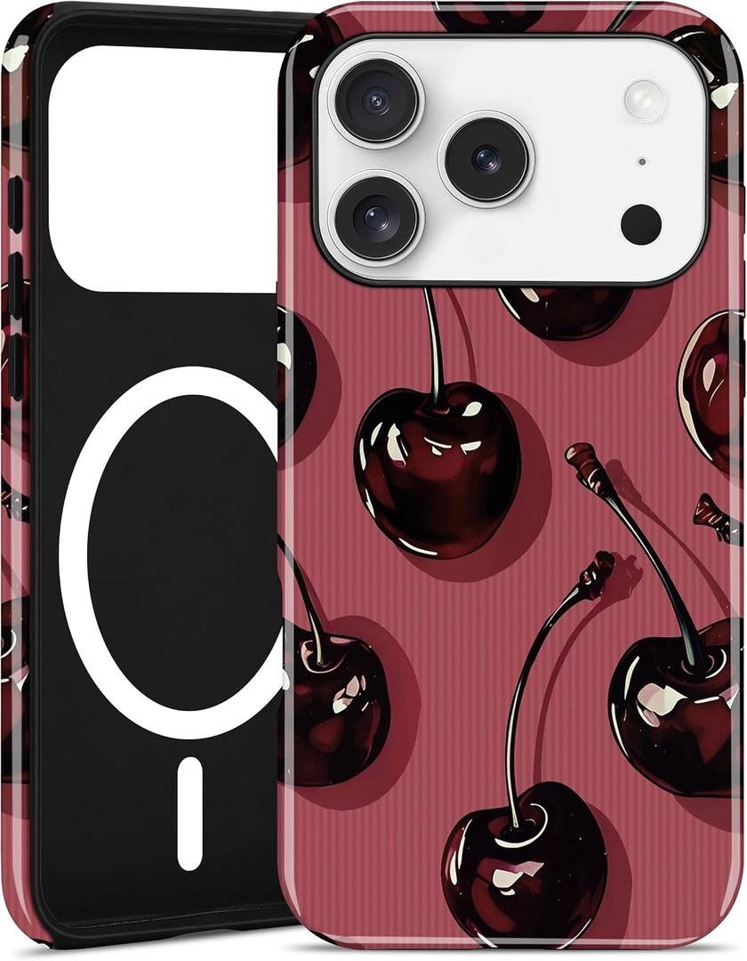 Compatible with MagSafe Cherry Phone Case for iPhone 17 Pro, Cute Magnetic Aesthetic 3D Cherry Design Soft TPU and Hard PC Shockproof Protective Phone Cover for Women Girls-Red