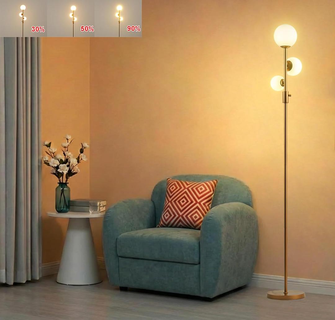 Fiqevs Upgrade Dimmable Floor Lamp, 3 Globe Mid Century Gold Modern Floor Lamps for Living Room with Orb Frosted Glass Shade and 3 LED Bulbs, Standing Tall Lamp for Bedrooms, Office - Antique Brass
