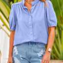 PRETTYGARDEN Women's 2026 Summer Button Down Shirts Short Lantern Sleeve V Neck Cotton Cute Tops Dressy Casual Blouses (L)