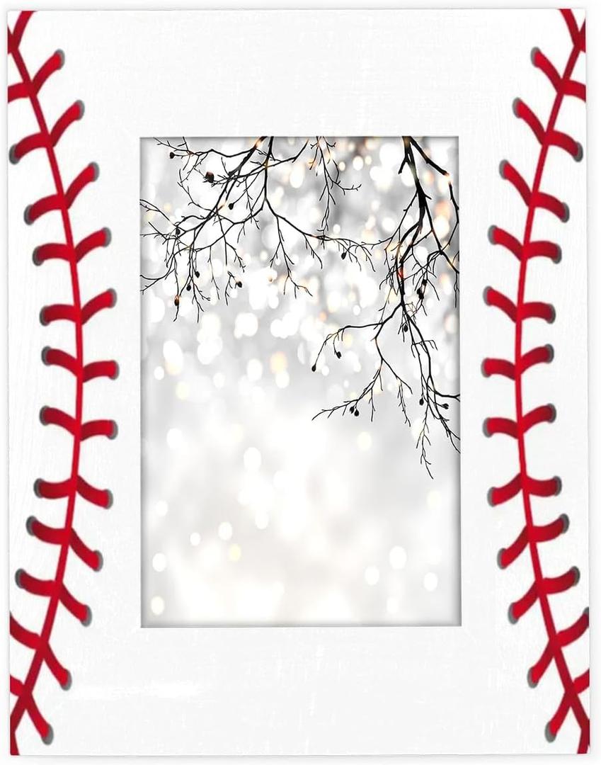 5x7 in Picture Frame Baseball Red White Stitching, Solid Wood With Mat Wooden Photo Frames, Photo Frames for Wall Mounting or Standing Table Top Family Baby Grandma Office Hotel Decoration