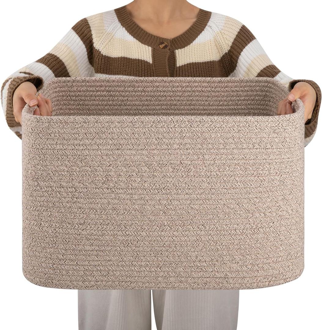 OIAHOMY Cotton Rope Basket, Rectangle Woven Nursery Blanket Basket, Toy Storage Basket with Handle, Baskets for Organizing, 18x14x12, Brown variegated
