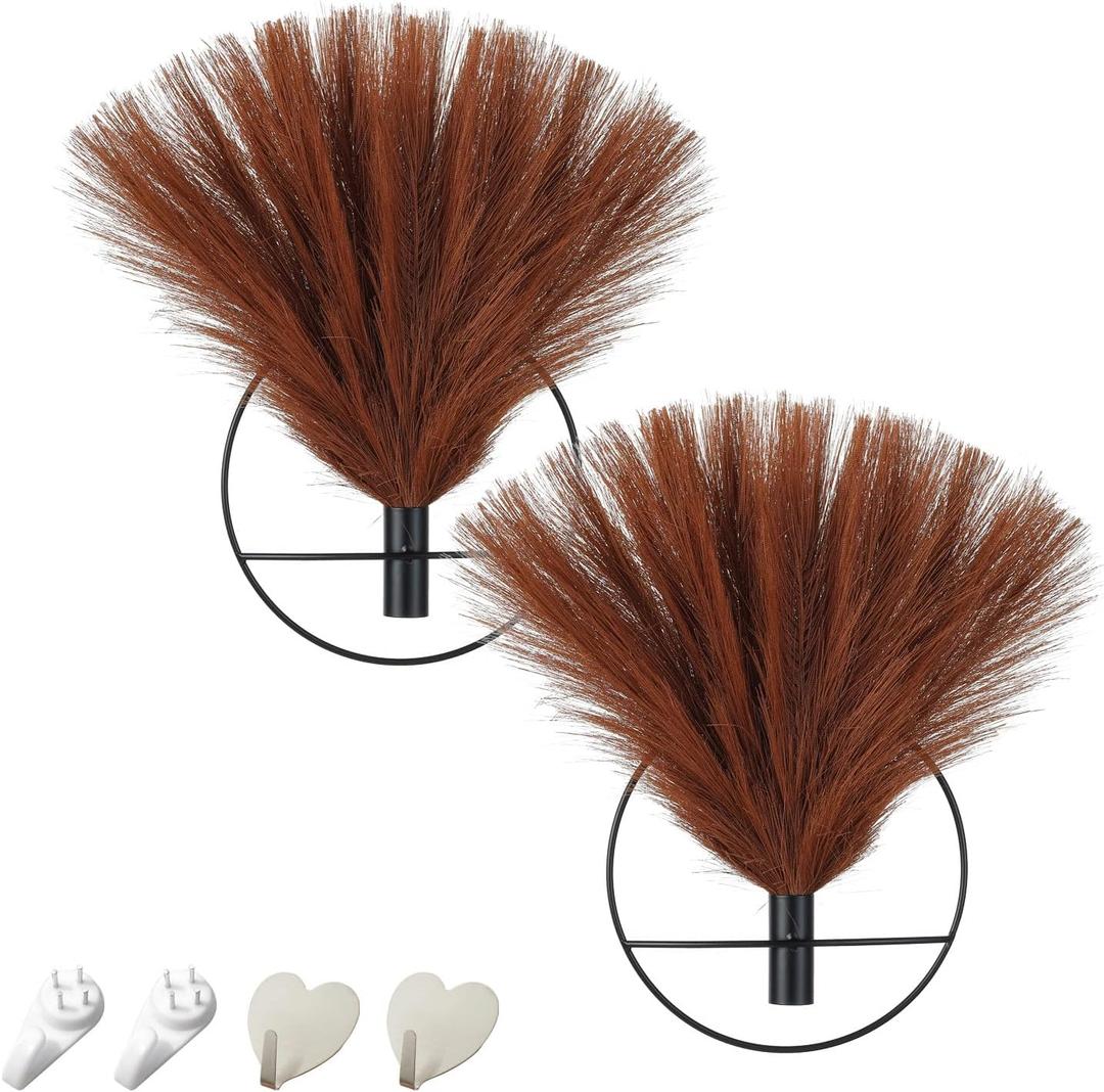 Pretty Jolly Boho Wall Decor - Mounted Metal Hanging Artificial Pampas Display for Living Room, Bedroom, Bathroom, Dining Room - Plant Art 2 Pack (S 7.8inch (Black Ring), 16-pampas-YellowCoffee - Black Ring)