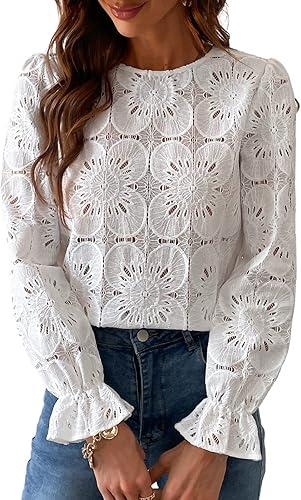 CUPSHE Women Eyelet Long Sleeve Tops Shirts Dressy Hollow Out Crochet Lace Embroidered Blouses 2025 Fashion S M