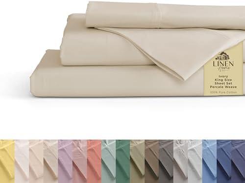 CGK Linens 100% Cotton Percale Sheets King Size, Ivory, Deep Pocket, 4 Pieces Set - 1 Flat, 1 Deep Pocket Fitted Sheet and 2 Pillowcases, Crisp Cool and Strong Bed Linen