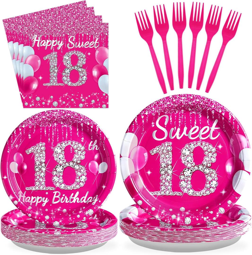 Grencian 96 Pcs 18th Birthday Party Supplies Hot Pink Sweet 18 Years Old Plates and Napkins Disposable Tableware Set Eighteen Birthday Decorations for Girls Happy 18th Birthday Party Favors Serves 24