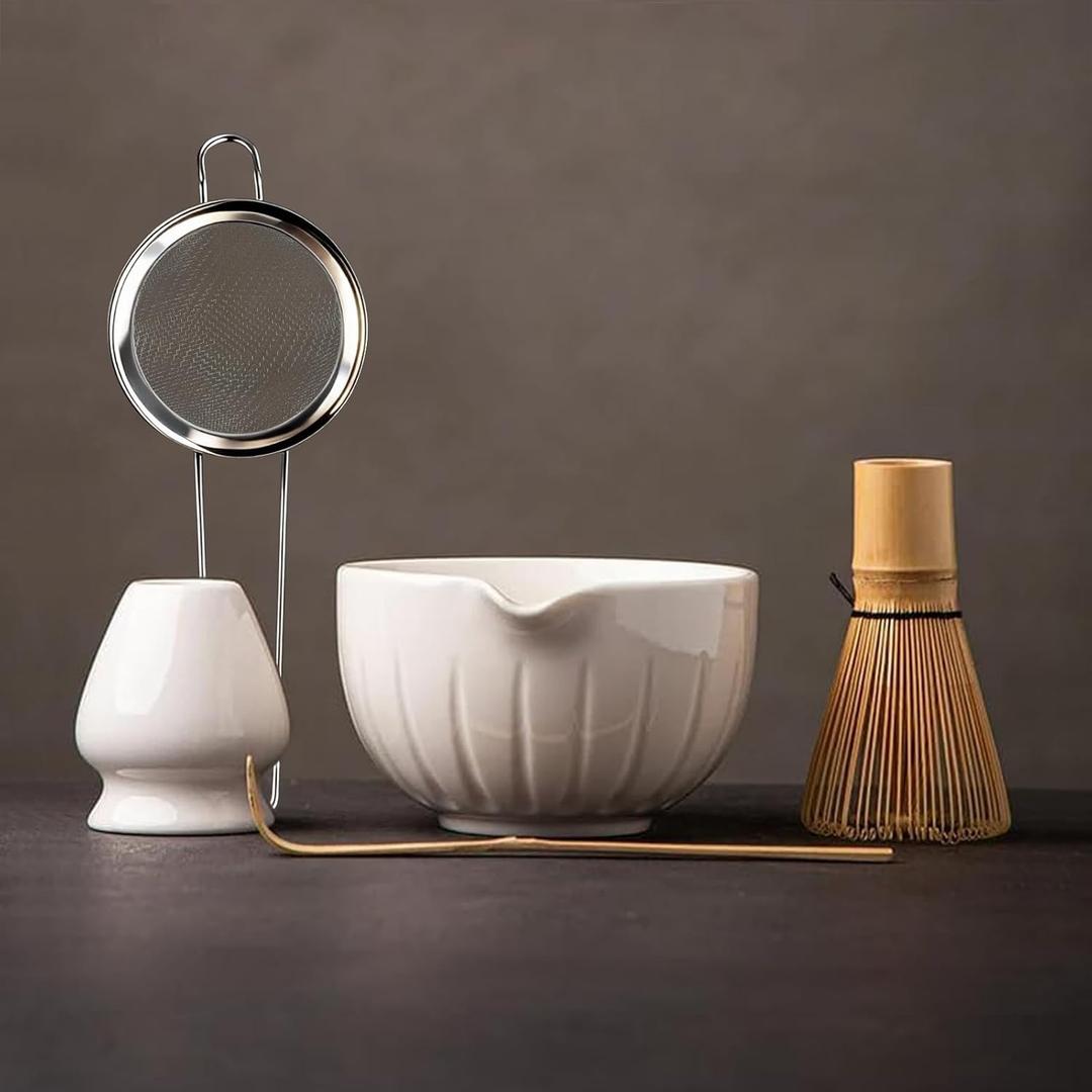 TANG PIN Matcha Set - Match Bowl and Whisk, 15 OZ, Matcha Scoop | Matcha Whisk Stand (Chasen Holder) - 5pc Perfect Matcha Kit for Matcha Tea Ceremony (White)