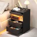 Yusong Night Stand, Bedside Table, LED Nightstand with Charging Station, Modern Night Stand, Wood Sofa Couch End Side Table with 2 Pull-Out Shelf (Black 001)