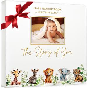 Baby Book Keepsake - Timeless Baby Memory Book for Boy or Girl I First 5 Year I Faux Leather, Gender Neutral, Safari Theme w/Gold Foil Stamp - Baby First Year Book Journal Scrapbook Photo Album Shower
