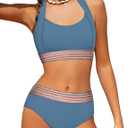Girls Swimsuit 2 Piece Color Block Halterneck Bikini Sets with Adjustable Straps High Waist Girls Bathing Suits 9-16Y (11-12 Years, Grey Blue)