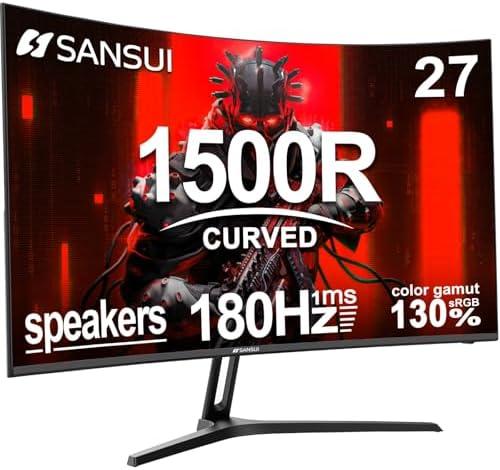 SANSUI 27 Inch Curved Gaming Monitor 180Hz 1ms with Speakers FHD 1080P Computer Monitor FreeSync|1500R|130% sRGB|HDR|Low Blue Light|HDMI DP Ports|VESA Mount|Metal Stand(ES-G27C1 HDMI Cable Incl.)