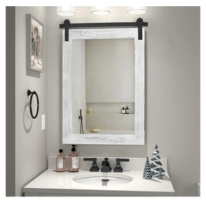 COGOOD Farmhouse Bathroom Mirror - 30 x 21 Rustic Wood Framed Wall Barn Door Mirror for Entryway, Living Room, Entryway Wall Decor (White)