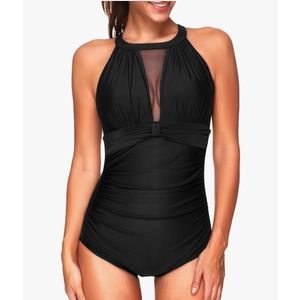 Tempt Me Women One Piece Swimsuit High Neck Plunge Ruched Tummy Control Bathing Suit, Size L