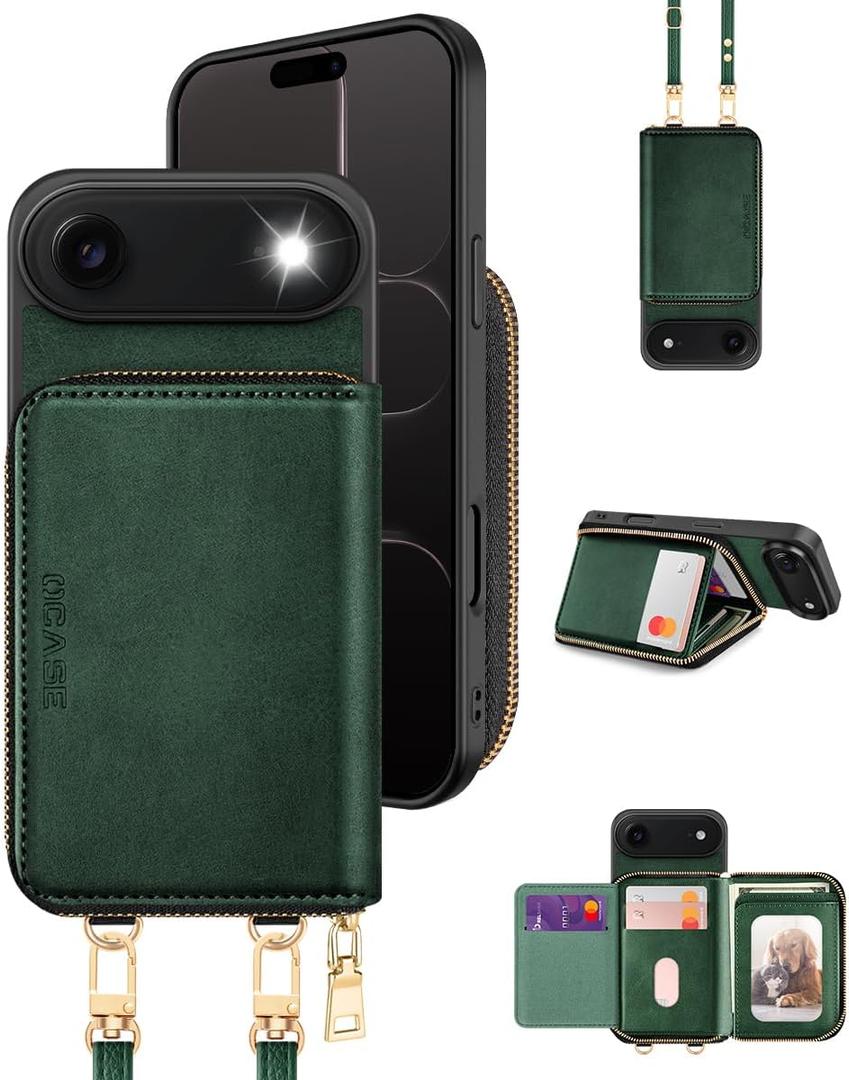OCASE Compatible with iPhone Air Crossbody Wallet Case with Card Holder, PU Leather Zipper Handbag Phone Purse with RFID Blocking Kickstand Wrist Strap Lanyard 6.5 Inch, Blackish Green