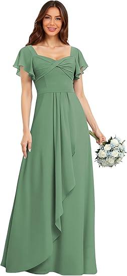 Chiffon Long Bridesmaid Dresses 2025 Short Sleeves Formal Dress RI001, Eucalyptus, 16W