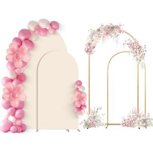SuuWoee Arch Backdrop Stand Set of 2 With Beige Cover (7.2FT+6FT),Gold Metal Wedding Arch Balloon Stand With Cover for Birthday Party Baby Shower Graduation Ceremony Decoration