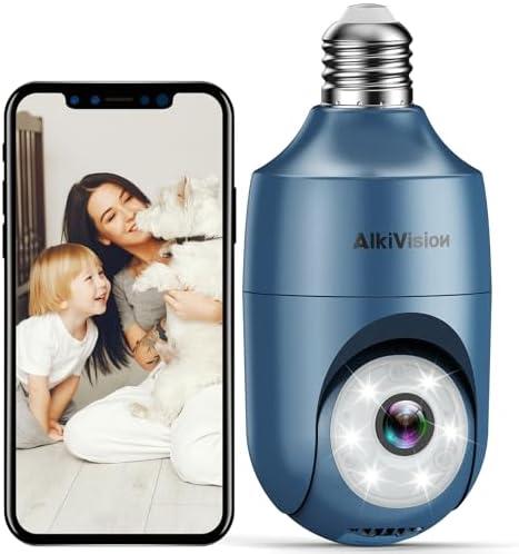 AlkiVision 2K Light Bulb Security Cameras, 2.4G Hz 360° Motion Detection Cameras for Home Security Outside, Full-Color Night Vision, Auto Tracking, Siren Alarm, 24/7 Recording