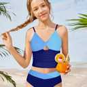 Girls Swimsuit Color Block Girls Bathing Suit Twist Tankini Set Two Piece Girl Swimwear Bikini Set for 9-16 Years