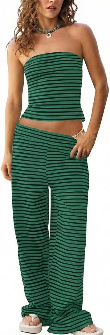 Tankaneo Womens Striped 2 Piece Sets Summer Strapless Crop Tube Tops Wide Leg Pants Matching Lounge Set Vacation Outfits