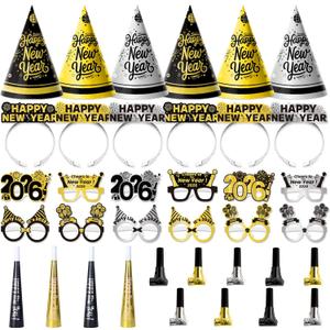 37PCS New Years Eve Party Supplies 2026 for 12 Guests, Happy New Years Decorations Party Favors Includes Cone Hats, Tiaras, Glasses, Noise Makers Accessories for Adults