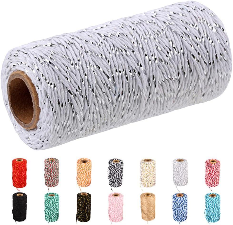 FLIPPED Twine String,328 Feet Bakers Twine White Silver Rope Craft Making Knitting Macrame Rope DIY Wedding Decor Supply Christmas Wrapping Butchers String Rope(Silver and White)