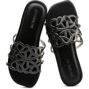 Womens Slide Sandals - Jelly Hollow Slip On Flats with Open Toe - Clear Breathable Fashion Beach Slippers for Women, Size 8